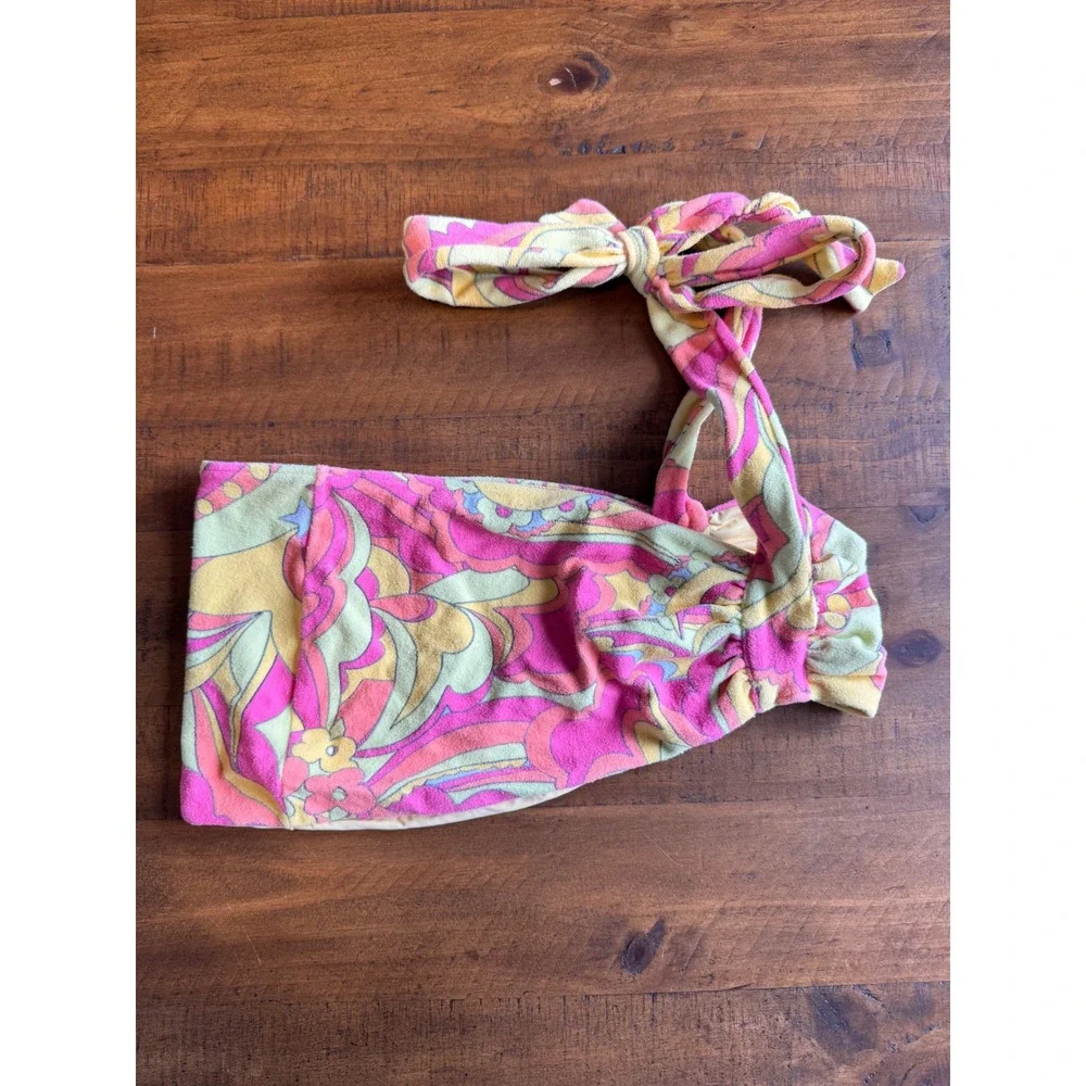 Frankies‎ Bikinis Top Womens L Pink Yellow Terry Cloth Psychedelic Retro Flawed*